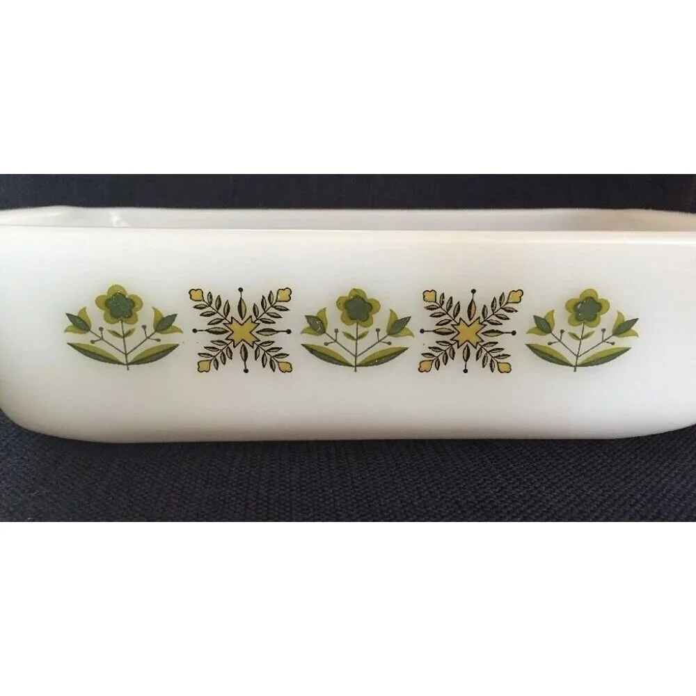 Anchor Hocking Fire King Ovenwear 1QT USA Baking Dish Green Flowers Meadow Retro